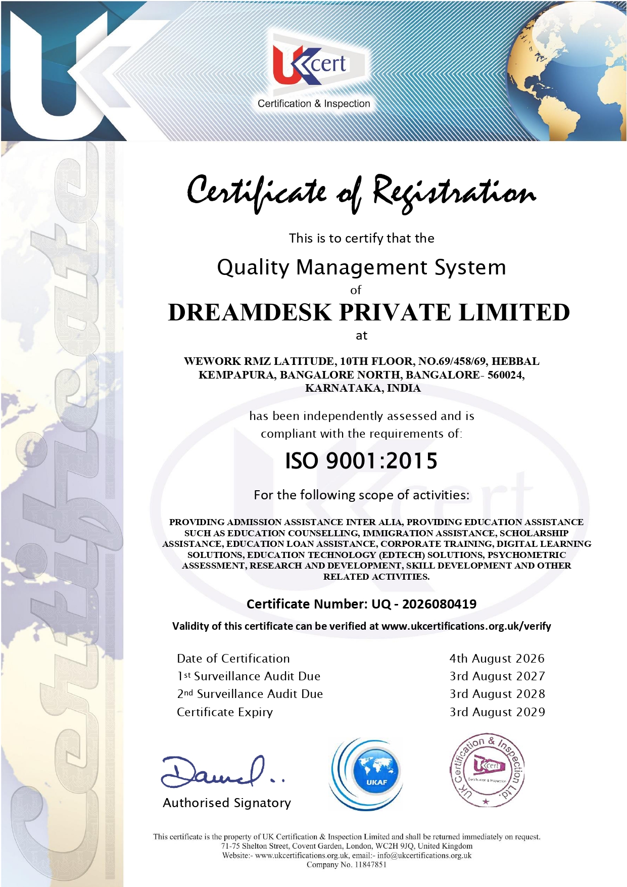 DreamDesk ISO 9001-2015 Certificate